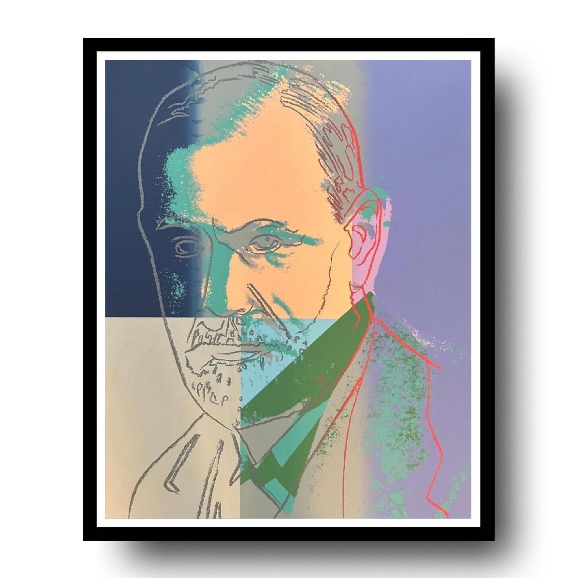Colorful abstract Sigmund Freud portrait art print with a black frame.